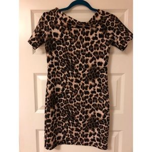 Off the shoulder fitted cheetah print dress